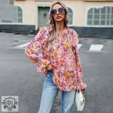 Autumn Floral Chiffon Ruffle Blouse - QH Clothing