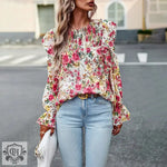 Autumn Floral Chiffon Ruffle Blouse - QH Clothing