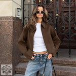 Autumn Winter Polo Collar Long Sleeve Zipper Woolen Coat Loose Casual Women Jacket - S / Brown