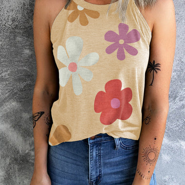 Khaki Flower Print Round Neck Tank