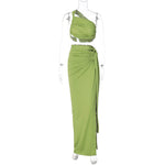 Backless Single Strap Top & Open Leg Skirt - S / Green - Clothing