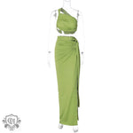 Backless Single Strap Top & Open Leg Skirt - S / Green - Clothing