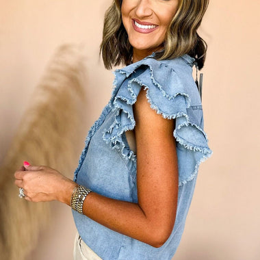 Beau Blue Button Front Ruffled Flutter Frayed Denim Top - Tops/Tops & Tees