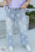 Beau Blue High Waist Star Pattern Plus Size Jeans - Beau Blue / 1X / 75% Cotton + 23% Polyester + 2% Elastane - Plus