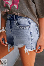 Beau Blue Pearl Studded Pockets Raw Hem Denim Shorts - Bottoms/Denim Shorts