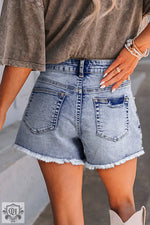 Beau Blue Pearl Studded Pockets Raw Hem Denim Shorts - Bottoms/Denim Shorts