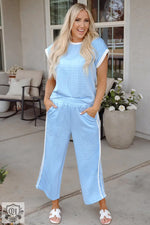 Light blue lounge set featuring Beau Blue Textured Colorblock Edge Tank Top and High Waist Pants