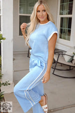 Light blue lounge set featuring Beau Blue Textured Colorblock Edge Tank Top and High Waist Pants