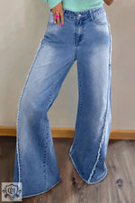 Beau Blue Vintage Stitching Raw Hem Flared Jeans - Beau Blue / 4 / 71% Cotton + 27.5% Polyester + 1.5% Elastane