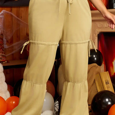 Beige Drawstring Adjusted Band High Waist Plus Size Pants - Beige / 1X / 65% Polyester + 35% Cotton - Plus Size/Plus