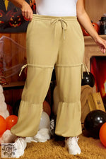 Beige Drawstring Adjusted Band High Waist Plus Size Pants - Beige / 1X / 65% Polyester + 35% Cotton - Plus Size/Plus