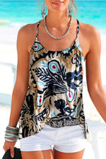 Sleeveless tank top with peacock feather print in black, blue, and beige sizes bust hem