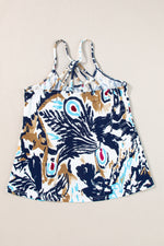 Sleeveless tank top with peacock feather print in sizes bust hem for relaxed style