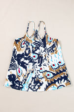 Sleeveless summer top in navy blue and white peacock feather print, ideal for relax relax styles