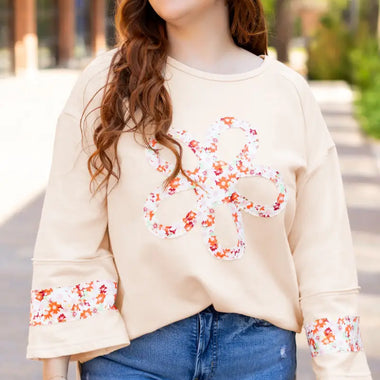 Beige Plus Size Flower Patched Side Slits Crewneck Top - Beige / 1X / 65% Polyester + 35% Cotton - Plus Size/Plus Size