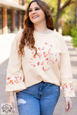 Beige Plus Size Flower Patched Side Slits Crewneck Top - Beige / 1X / 65% Polyester + 35% Cotton - Plus Size/Plus Size