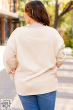 Beige Plus Size Flower Patched Side Slits Crewneck Top - Plus Size/Plus Size Tops/Plus Size Tops & Tees