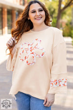 Beige Plus Size Flower Patched Side Slits Crewneck Top - Plus Size/Plus Size Tops/Plus Size Tops & Tees