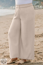 Beige Smocked High Waist Wide Leg Plus Size Pants - Plus Size/Plus Size Bottoms