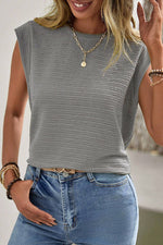 Sleeveless gray textured top with blue jeans and necklace for relaxed style in various sizes