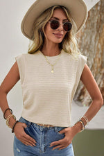 Sleeveless cream ribbed knit top with crew neckline in sizes bust hem for relaxed fit