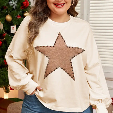 Beige Star Shape Studded Crew Neck Plus Size T Shirt - Beige / 1X / 85% Polyester + 10% Cotton + 5% Elastane - Plus