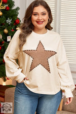 Beige Star Shape Studded Crew Neck Plus Size T Shirt - Beige / 1X / 85% Polyester + 10% Cotton + 5% Elastane - Plus