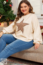 Beige Star Shape Studded Crew Neck Plus Size T Shirt - Plus Size/Plus Size Tops/Plus Size Long Sleeve Tops