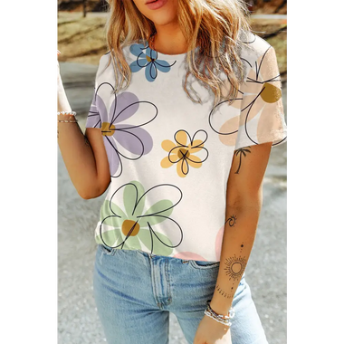 Beige Summer Flower Print Casual Round Neck T Shirt - Beige / S / 95% Polyester + 5% Elastane - Tops/Tops & Tees