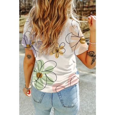 Beige Summer Flower Print Casual Round Neck T Shirt - Tops/Tops & Tees