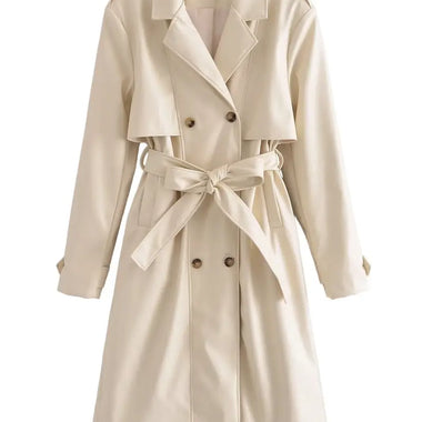 Belted Trench Coat Faux Leather - QH Clothing