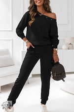 Black Beaded Decor Pullover and Jogger Pants Set - Black / S / 59% Polyester + 41% Cotton - Two Piece Sets/Pant Sets