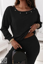 Black Beaded Decor Pullover and Jogger Pants Set - Two Piece Sets/Pant Sets