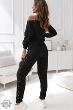 Black Beaded Decor Pullover and Jogger Pants Set - Two Piece Sets/Pant Sets