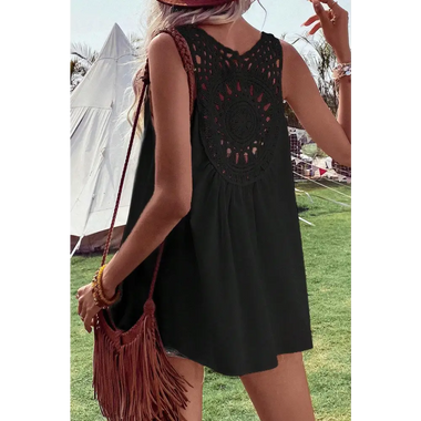 Black Bohemian Crochet Patchwork Sleeveless Tunic - Black / S / 100% Polyester - Tops/Tank Tops