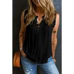 Sleeveless black v-neck blouse with button details, ideal for comfort in various sizes