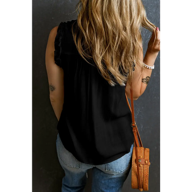 Black Button Split Neck Ruffled Trim Tank Top with blue jeans and tan leather bag, size options