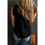 Black Button Split Neck Ruffled Trim Tank Top with blue jeans and tan leather bag, size options