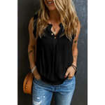 Black sleeveless button-front blouse with v-neckline in sizes bust hem for a relaxed look