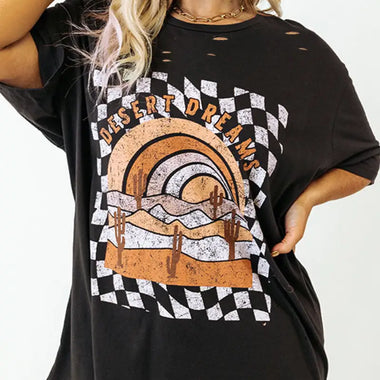 Black Checkerd DESERT DREAMS Printed Ripped Plus Size Tee - Black / 1X / 62% Polyester + 32% Cotton + 6% Elastane