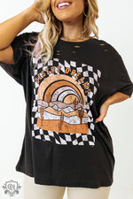 Black Checkerd DESERT DREAMS Printed Ripped Plus Size Tee - Black / 1X / 62% Polyester + 32% Cotton + 6% Elastane