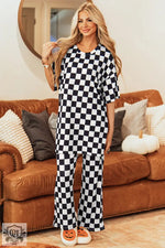 Black Checkered Print Half Sleeve Tunic Top and Flared Pants Set - Black / S / 95% Polyester + 5% Elastane - Two Piece