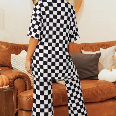 Black Checkered Print Half Sleeve Tunic Top and Flared Pants Set - Two Piece Sets/Pant Sets