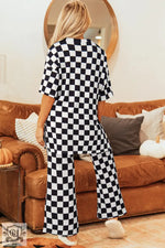 Black Checkered Print Half Sleeve Tunic Top and Flared Pants Set - Two Piece Sets/Pant Sets