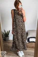 Black Contrast Striped Trim Leopard Sleeveless Maxi Dress - Dresses/Maxi Dresses