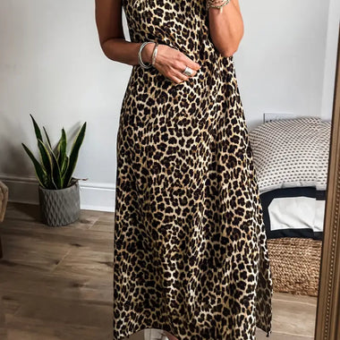 Black Contrast Striped Trim Leopard Sleeveless Maxi Dress - Dresses/Maxi Dresses