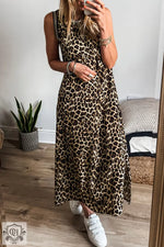 Black Contrast Striped Trim Leopard Sleeveless Maxi Dress - Dresses/Maxi Dresses