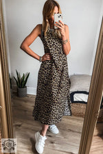 Black Contrast Striped Trim Leopard Sleeveless Maxi Dress - Dresses/Maxi Dresses