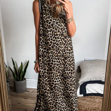 Black Contrast Striped Trim Leopard Sleeveless Maxi Dress - Dresses/Maxi Dresses