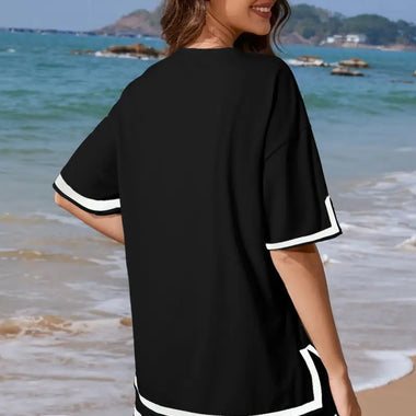 Black Contrast Trim Tee and Shorts Set in black loungewear for ultimate relax relax comfort